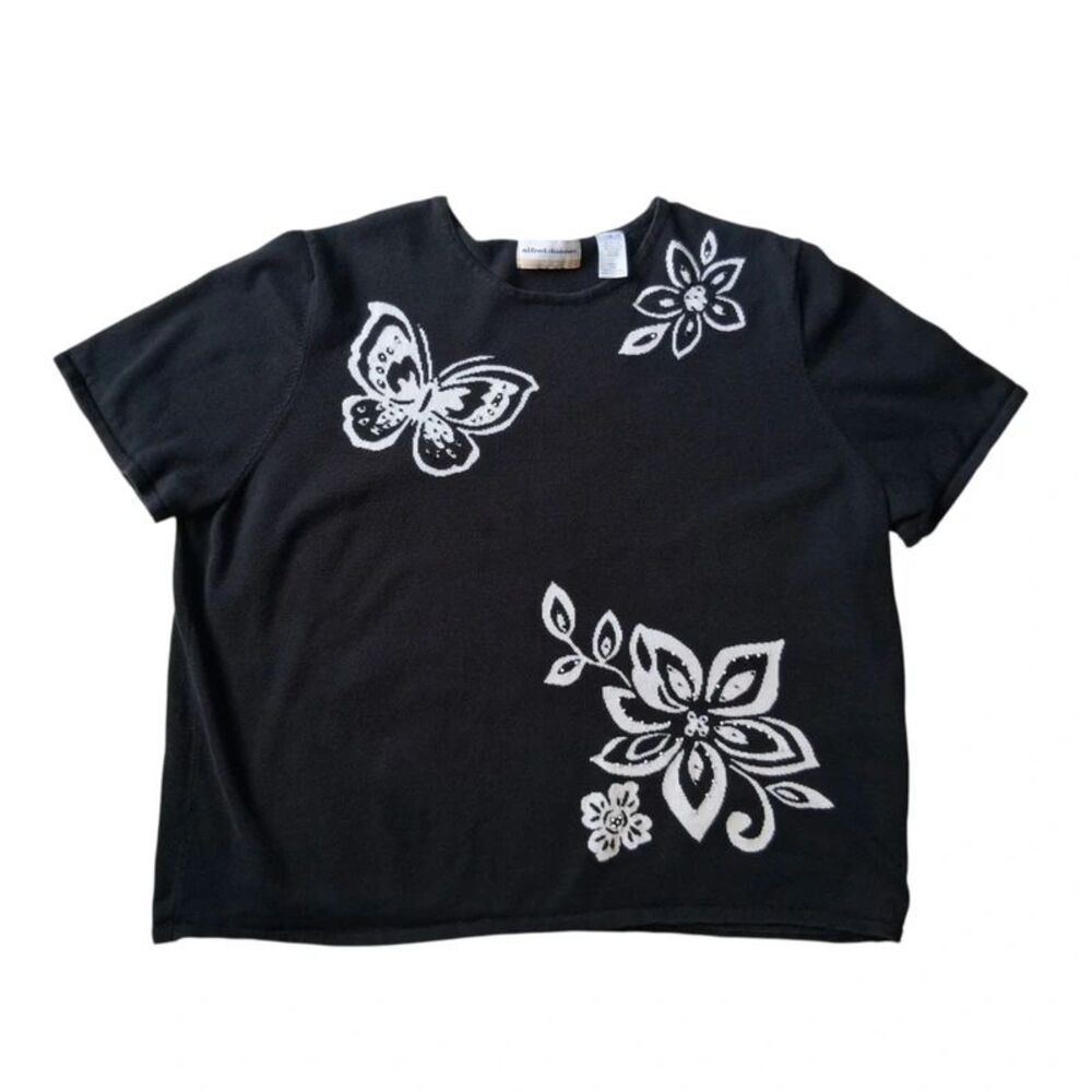 Alfred Dunner Black White Butterfly Flowers Beadwork Short Sleeve Top Women's 2X